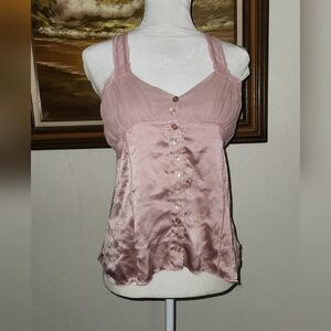 La Rok Pink Silk Button Front Tank Top